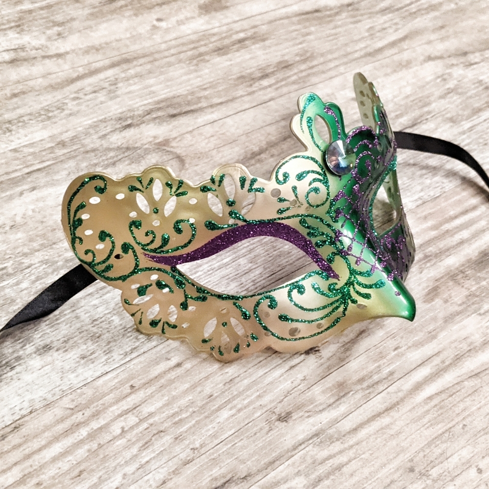 Ladies Masquerade Mask in Purple, Green & Gold | Mardi Gras Mask - Picture 4 of 6
